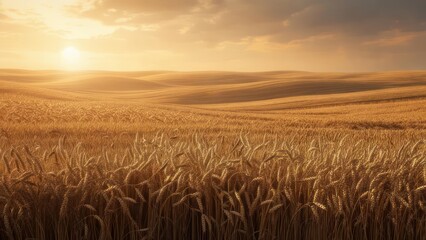 Golden wheat fields bathed in warm sunset light, evoking abundance and nature's bounty for agricultural themes.