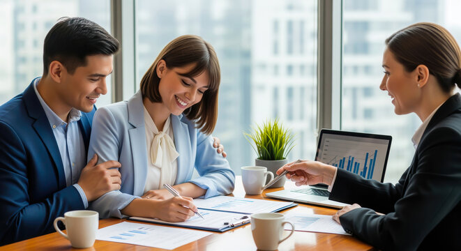 Happy young couple signing a financial agreement with a smiling