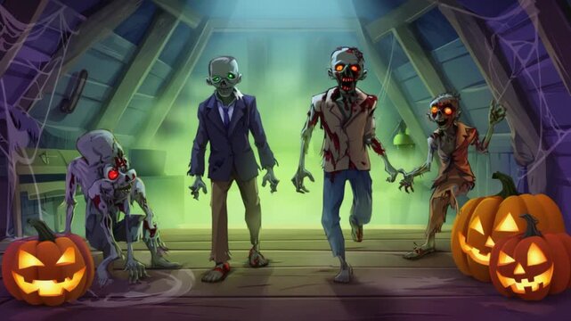 Cartoon zombies in an attic with pumpkins and cobwebs for a halloween themed illustration halloween video