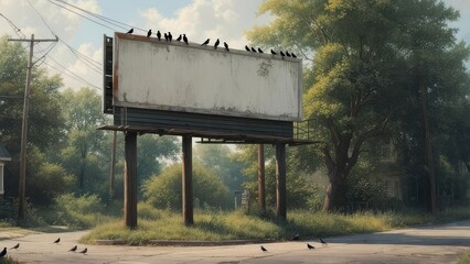 Flock of birds gathers on a weathered billboard overlooking a quiet, overgrown suburban street bathed in soft daylight