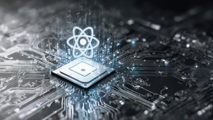 Futuristic quantum chip powering advanced technology with glowing atomic symbol, representing innovation and scientific breakthrough in digital age.