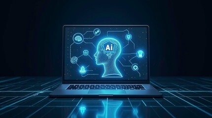 Modern laptop with a glowing holographic interface on its screen at the center "AI" inside, connected to various futuristic icons such as a brain, robot, gear, circuit, robotic arm, and light bulb.
