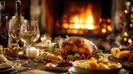 Naklejka premium roasted chicken on a table with food and a fireplace in the background