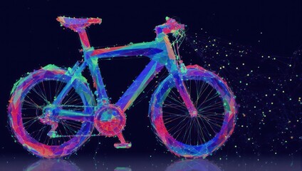 Vibrant polygonal bicycle emerges from digital network, symbolizing futuristic transport and innovative technology in a dynamic abstract scene.