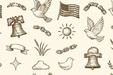 Seamless pattern of hand drawn patriotic american symbols and elements in sepia tones