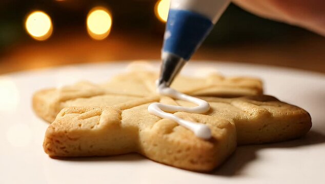 Close-Up of a Baker Decorating a Festive Snowflake Cookie with White Icing and Holiday Lights