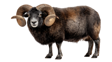 A ram with large curved horns isolated on transparent background