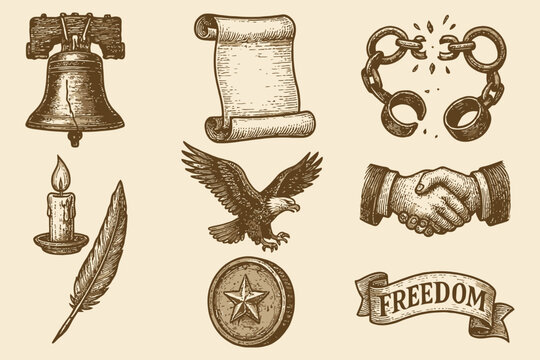 Collection of hand drawn american symbols and icons representing freedom and independence