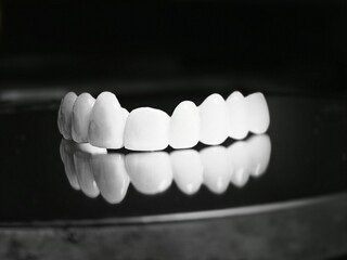A row of white ceramic dental teeths on a reflective surface, creating a mirror image below.