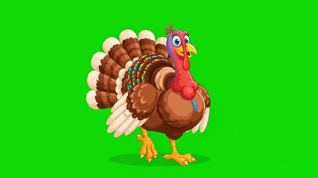 Animated Cartoon-Style Turkey Strutting Confidently on Green Screen