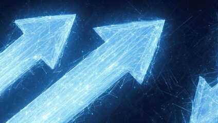 Dynamic blue glowing arrows surge forward, symbolizing digital growth, innovation, and future success in a connected network.