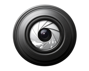 A clean minimalist photography logo featuring a circular camera lens icon with subtle 