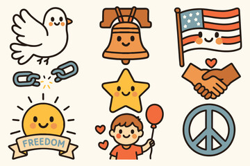 Cute hand drawn american icons representing freedom peace and unity with a cheerful style