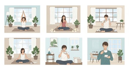 Home wellness and self-care routine illustration set - yoga meditation tea drinking and relaxation activities in modern minimalist interiors