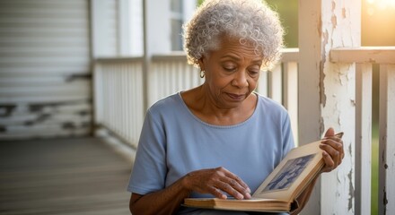 Thoughtful senior African American woman browsing old family photos in a worn album on a rustic porch at sunset, capturing nostalgia, warmth, and reflection in soft golden light.