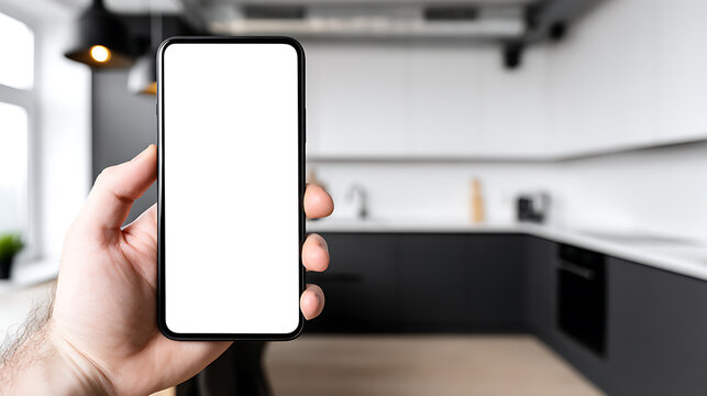 Hand holding smartphone with blank screen in modern kitchen interior