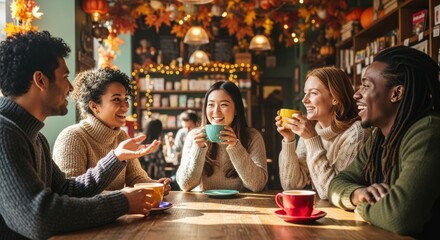 A happy, diverse group of young friends laughing and enjoying hot drinks together at a warm and cozy cafe decorated for autumn.