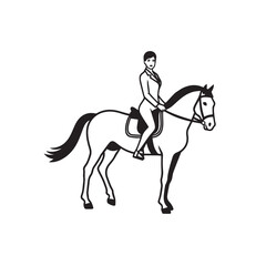 Black and white line art of a beautiful woman with perfect body riding horse elegant minimalist illustration