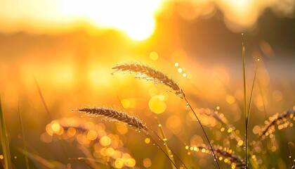 Golden sunrise illuminates dewy grass blades, creating serene and magical atmosphere