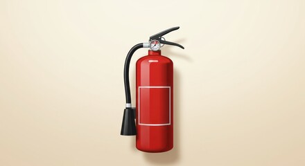 Obraz premium Red fire extinguisher with black hose on plain background