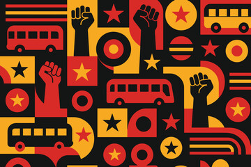 Vibrant abstract pattern featuring red buses raised fists and stars symbolizing protest and unity