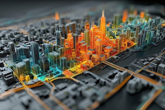 A vibrant 3D cityscape model showcasing urban architecture with colorful lighting effects - Powered by Adobe