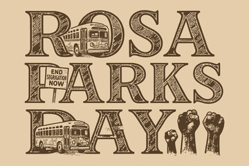 Rosa parks day illustration with vintage bus and protest fists celebrating civil rights © Alamin