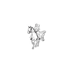 Black and white line art of a beautiful woman with perfect body riding horse elegant minimalist illustration