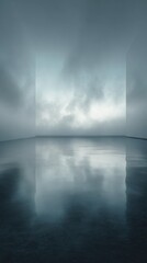 This modern interior showcases minimalist design principles with abstract elements, a calming cloud reflection, and dark blue hues that create a sophisticated, stylish space perfect for contemporary