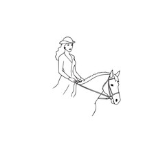 Black and white line art of a beautiful woman with perfect body riding horse elegant minimalist illustration