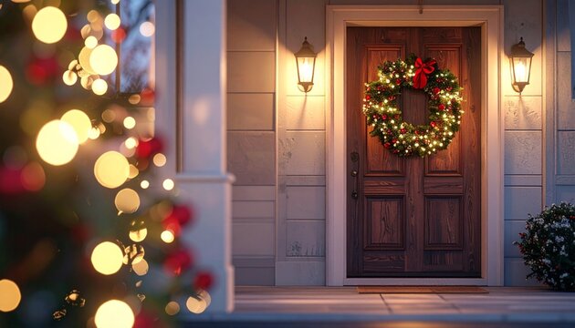 Festive holiday wreath on wooden door with glowing lights, creating warm and inviting atmosphere