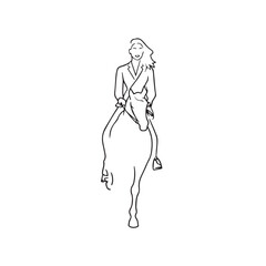 Black and white line art of a beautiful woman with perfect body riding horse elegant minimalist illustration