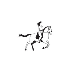 Black and white line art of a beautiful woman with perfect body riding horse elegant minimalist illustration
