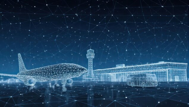 Stunning digital blueprint of a modern airport with airplane, control tower, and terminal building, showcasing global connectivity and future travel technology.