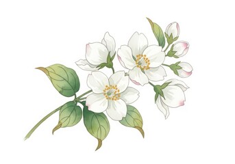 Fototapeta premium Delicate white jasmine blossoms adorned with lush green leaves on a white background