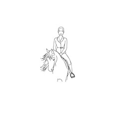 Black and white line art of a beautiful woman with perfect body riding horse elegant minimalist illustration