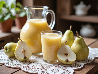 Pear juice styled in French romantic vibes with delicate lace details.