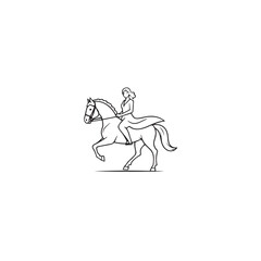 Black and white line art of a beautiful woman with perfect body riding horse elegant minimalist illustration