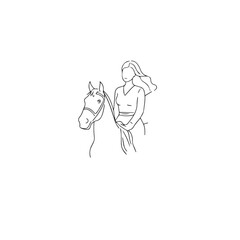 Black and white line art of a beautiful woman with perfect body riding horse elegant minimalist illustration