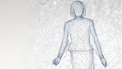 Abstract digital human form rendered in a geometric wireframe mesh against a soft, bright, polygonal background, symbolizing connection and data.
