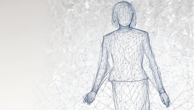 Abstract digital human form rendered in a geometric wireframe mesh against a soft, bright, polygonal background, symbolizing connection and data.