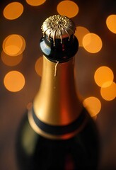 Macro close-up of champagne bottle neck wrapped in golden foil with warm festive bokeh background, no text no logo