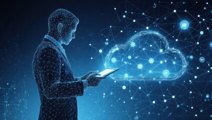 Dynamic businessman navigates digital cloud network with tablet, showcasing modern technology and global connectivity for innovative business strategies.