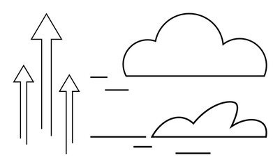 Arrows pointing upward beside outlined clouds with motion lines. Ideal for growth, success, progress, goals, transformation, innovation, ambition, simple flat metaphor