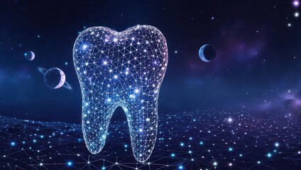 Glowing digital tooth mesh floats in cosmic nebula with distant planets, representing dental innovation and future healthcare.