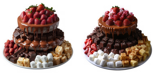 A multitiered chocolate fountain cake decorated with fresh strawberries and surrounded by brownies, marshmallows, and cubes of cake, isolated on transparent background