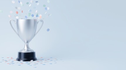 Silver trophy on a light blue background, surrounded by colorful confetti, symbolizing achievement and celebration, perfect for awards, competitions, or recognition themes in design projects