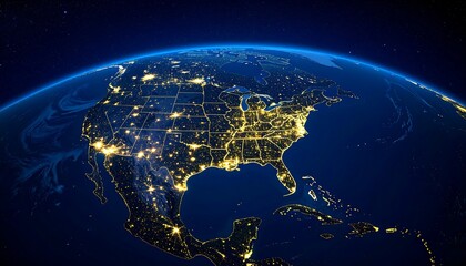 North America at Night Illuminated Cities with Aerial View from Space, and Glowing Earth.