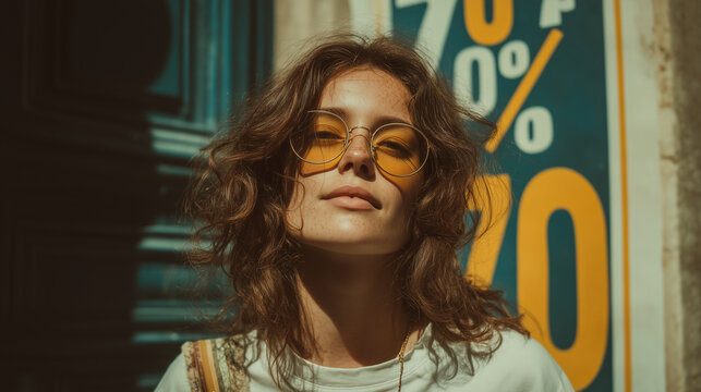 Stylish young woman with yellow sunglasses posing outdoors in front of a 70% off sale sign, celebrating Black Friday, fashion and shopping concept, sunny day, close up portrait - Powered by Adobe