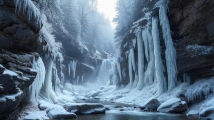 Stunning frozen waterfall cascades down icy cliffs amidst a winter wonderland forest with mist and snow-covered rocks